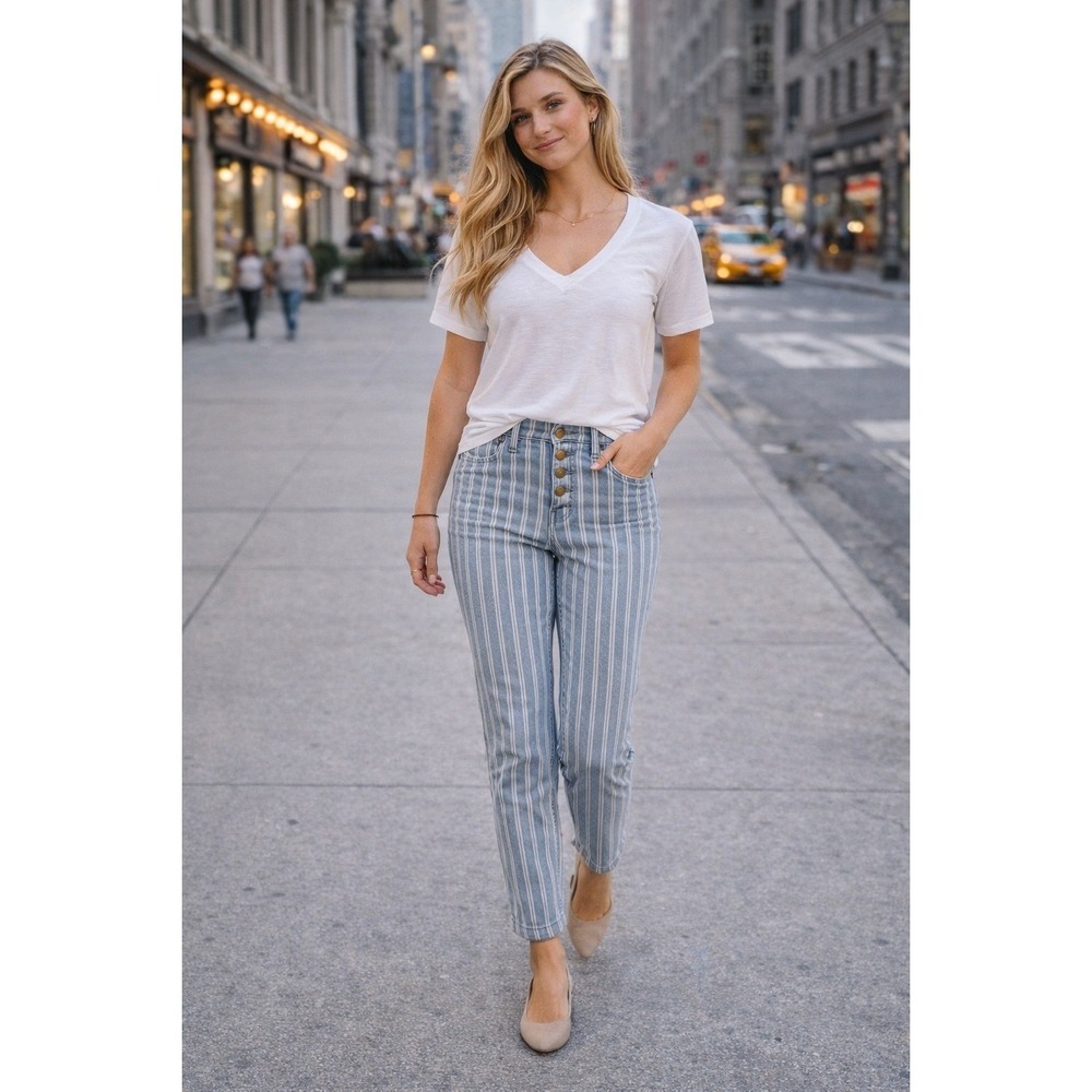 Pilcro Anthropologie High Rise Slim Jeans 27 Blue White Striped Button Fly Crop